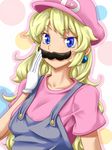  blonde_hair blue_eyes cosplay earrings facial_hair gloves hat jewelry long_hair mario mario_(cosplay) mario_(series) mustache overalls princess_peach solo super_mario_bros. upper_body yassy_(yasikoz2008) 