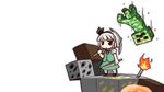  black_hairband blush_stickers bow coal creeper dual_wielding falling gold hairband holding konpaku_youmu minecraft nin_(sinobili) open_mouth pickaxe silver_hair simple_background skirt solo sword torch touhou weapon white_background 