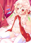  bare_shoulders bed_sheet blonde_hair blush chestnut_mouth curtains flandre_scarlet ichio md5_mismatch navel open_mouth panties pillow red_eyes short_hair side_ponytail sitting skirt skirt_lift solo tassel thighhighs touhou underwear wariza white_legwear white_panties wings 