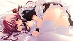  bed_sheet blush breasts cleavage frills game_cg headdress ikinari_anata_ni_koishiteiru karory long_hair lying maid medium_breasts onigase_tane panties pink_eyes pink_hair skirt solo thighhighs underwear white_legwear white_panties wrist_cuffs 