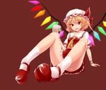  arm_support ascot bare_legs blonde_hair collarbone colorized fangs flandre_scarlet foreshortening full_body hat legs mary_janes mx2j_(nsh6394) panties pantyshot pantyshot_(sitting) pointy_ears red_background red_eyes revision shoes short_hair side_ponytail simple_background sitting skirt skull smirk socks solo touhou tsurime underwear upskirt vest white_legwear white_panties wings wrist_cuffs 