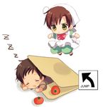  ahoge apron axis_powers_hetalia blush bow bowtie brown_hair chibi child clenched_hands closed_eyes english folder food frown green_eyes head_rest jumping lowres male_focus military military_uniform multiple_boys open_mouth simple_background sleeping southern_italy_(hetalia) spain_(hetalia) tomato uniform vegetable wanono white_background younger zzz 