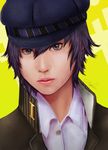  androgynous blue_eyes blue_hair cabbie_hat crossdressing detective expressionless hair_between_eyes hat highres lips looking_at_viewer persona persona_4 realistic reverse_trap school_uniform shirogane_naoto short_hair signature solo zamboze 