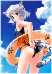  :&lt; absurdres adjusting_clothes adjusting_swimsuit animal_ears ass bare_shoulders blue_sky blue_swimsuit blush cloud day fingernails from_behind green_eyes hashimoto_takashi highres innertube looking_at_viewer looking_back one-piece_swimsuit original paw_print school_swimsuit short_hair silver_hair sky solo swimsuit tail tiger_ears tiger_tail wet 