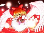  armband blonde_hair bow bowtie danmaku dress energy_ball feathers fingernails foreshortening frills gengetsu hair_bow highres janas kneehighs light long_sleeves looking_at_viewer magic_circle nail_polish open_mouth outstretched_arms puffy_sleeves reaching red_background ribbon shoes short_hair solo tongue touhou touhou_(pc-98) vest white_dress white_legwear wings yellow_eyes 