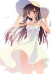  bad_id bad_pixiv_id black_hair blush carnelian dress hands_on_headwear hat long_hair looking_at_viewer original red_eyes smile solo sun_hat sundress white_background 