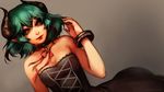  bare_shoulders breasts choker collar demon_girl dress fiend_(juniper's_knot) green_hair highres horns juniper's_knot lips na_young_lee pantyhose pointy_ears ribbon short_hair small_breasts solo strapless strapless_dress succubus wallpaper wrist_cuffs yellow_eyes 