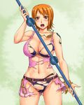  ameoto bangle blush bracelet breasts cleavage clima-tact covered_nipples jewelry large_breasts log_pose nami_(one_piece) navel necklace one_piece open_mouth orange_eyes orange_hair panties shirt short_hair skirt solo sweat tattoo torn_bikini torn_clothes torn_shirt torn_skirt underwear 