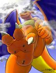  3_toes arokh blue_eyes cars charizard claws cloud clouds crepuscular_rays dragon giant macro male muscles nintendo nipples paws pecs plain_background plantigrade pok&#233;mon pok&eacute;mon scalie sky smile soles solo stomping toe_claws toes video_games white_background wings 