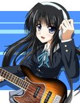  akiyama_mio bass_guitar black_eyes black_hair blush breasts face headphones hime_cut instrument k-on! large_breasts long_hair looking_at_viewer school_uniform smile solo tatami_(loop) uniform 