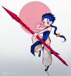  blue_hair chinese_clothes earrings fate/stay_night fate_(series) gae_bolg jewelry lancer long_hair male_focus medemoisellecu polearm ponytail red_eyes reflection simple_background slippers smile solo spear weapon 