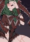  adapted_costume bad_id bad_pixiv_id between_legs blush corset frills front_ponytail geppewi green_eyes green_hair hair_ribbon hand_on_own_face kagiyama_hina looking_at_viewer open_mouth red_skirt ribbon scar simple_background skirt smile solo tongue tongue_out touhou 