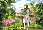  androgynous barefoot beibei1987 enkidu_(fate/strange_fake) fate/strange_fake fate_(series) green_eyes green_hair highres hut long_hair male_focus plant pot robe solo 