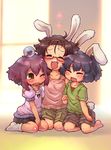  animal_ears barefoot black_hair blush brown_eyes brown_hair bunny_ears bunny_tail character_request glasses heart multiple_girls one_eye_closed purple_hair saliva sankuma short_hair shorts socks tail tears watashi_nekomimi_moeko_desu! white_legwear yuri 