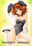  animal_ears bare_legs blush bow bowtie breasts brown_eyes brown_hair bunny_ears bunnysuit cameltoe cleavage detached_collar hair_ribbon high_heels medium_breasts medium_hair nightmare77zx ribbon shoes smile solo suzumiya_haruhi suzumiya_haruhi_no_yuuutsu wrist_cuffs 