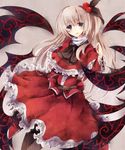  belt blue_eyes capelet dress hair_bobbles hair_ornament kinona long_hair pantyhose red_capelet shinki silver_hair solo touhou touhou_(pc-98) wings 