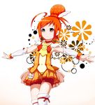  besi323 bike_shorts bow bowtie brooch choker cure_sunny floral_background hair_bun hair_ornament hairpin highres hino_akane_(smile_precure!) jewelry magical_girl orange_(color) orange_choker orange_eyes orange_hair orange_neckwear orange_skirt outstretched_arms precure red_shorts short_hair shorts shorts_under_skirt skirt smile_precure! solo spread_arms thighhighs white_background white_legwear 