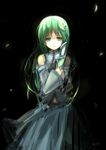  black blush detached_sleeves frog_hair_ornament green_eyes green_hair hair_ornament hair_tubes highres kochiya_sanae long_hair skirt smile snake solo stk touhou 