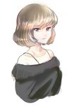  bare_shoulders blue_eyes brown_eyes brown_hair fringe_trim heterochromia idolmaster idolmaster_cinderella_girls kitayuki_kajika short_hair simple_background solo takagaki_kaede upper_body white_background 