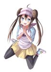  :d ahoge bad_id bad_pixiv_id blue_eyes brown_hair double_bun full_body gurasion_(gurasion) hair_between_eyes hands_together hat highres long_hair mei_(pokemon) open_mouth own_hands_together pantyhose pokemon pokemon_(game) pokemon_bw2 raglan_sleeves simple_background sitting skirt smile solo wariza white_background 