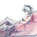  bare_shoulders breasts chair choker demon_girl drawfag dress fiend_(juniper's_knot) green_hair horns juniper's_knot lounge_chair lying non-web_source pointy_ears short_hair sketch small_breasts solo strapless strapless_dress succubus 