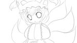  absurdres blush chibi fox_tail greyscale hands_in_opposite_sleeves hat highres lineart looking_at_viewer monochrome multiple_tails open_mouth short_hair solid_black_thumbnail solo tail touhou transparent_background yakumo_ran yume_shokunin 