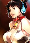  animal_ears animal_print bare_shoulders bell bell_collar bikini_top breasts brown_eyes cleavage collar cow_bell cow_horns cow_print headphones headset highres horns idolmaster idolmaster_cinderella_girls large_breasts lips oikawa_shizuku short_hair solo twinpoo 