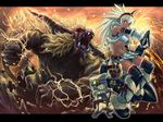  blue_eyes boyaking clenched_hand dark_skin felyne gloves goggles hairband horn kirin_(armor) letterboxed long_hair midriff monster_hunter navel open_mouth paws rajang red_eyes sharp_teeth spiked_hair teeth thighhighs weapon white_hair 