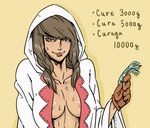  areola_slip areolae bb_(baalbuddy) breasts brown_eyes brown_hair dark_nipples dark_skin final_fantasy gloves hood large_breasts money nipples no_bra sexually_suggestive solo sweat twintails white_mage 