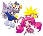  1girl angry antenna_hair bike_shorts blue_eyes blush boots bow bowtie brooch cage candy_(smile_precure!) chibi creature cure_happy grin head_wings hoshizora_miyuki igaiga jewelry knee_boots long_hair magical_girl no_nose pants pink_bow pink_eyes pink_hair pink_shorts pink_skirt precure shorts shorts_under_skirt skirt smile smile_precure! tiara twintails werewolf white_background white_hair wolfrun wrist_cuffs 