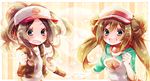  amamiya_kabosu bad_id bad_pixiv_id baseball_cap blush brown_hair double_bun hat long_hair mei_(pokemon) multiple_girls open_mouth pokemon pokemon_(game) pokemon_bw pokemon_bw2 ponytail raglan_sleeves ribbon shirt touko_(pokemon) twintails vest visor_cap wristband 