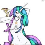  anthrofied breasts crown equine female friendship_is_magic fur hair hair_covering_breasts hiddendragon99 horn long_hair mammal multi-colored_hair my_little_pony one_eye_closed princess princess_celestia_(mlp) purple_eyes royalty solo unicorn white white_fur wink 