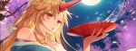  1girl :o alternate_costume bangs bare_shoulders blonde_hair blue_kimono branch breasts cherry_blossoms cleavage cup eyebrows_visible_through_hair hair_between_eyes hand_up holding holding_cup horn hoshiguma_yuugi hoshiguma_yuugi_(promo) japanese_clothes kikugetsu kimono large_breasts long_hair night night_sky off_shoulder outdoors parted_lips portrait red_eyes sakazuki sidelocks sky solo star_(sky) starry_sky touhou 