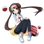  blush brown_hair double_bun full_body long_hair mei_(pokemon) pantyhose poke_ball pokemon pokemon_(game) pokemon_bw2 raglan_sleeves ruku_(alicecreation) sitting skirt solo twintails visor_cap 