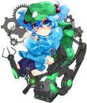  backpack bag blue_eyes blue_hair gears hair_bobbles hair_ornament hat highres himuro_(dobu_no_hotori) holding kawashiro_nitori key mechanical_arm probe smile solo swimsuit touhou two_side_up wrench 