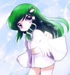  cosplay dororon_enma-kun green_hair highres japanese_clothes kochiya_sanae long_hair looking_at_viewer smile solo touhou yukiko_hime yukiko_hime_(cosplay) yume_shokunin 