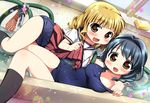  bathtub black_hairband blonde_hair blue_hair braid breasts brown_eyes dutch_angle furutani_himawari hairband highres hose large_breasts long_hair multiple_girls nagayama_yuunon nanamori_school_uniform one-piece_swimsuit oomuro_sakurako school_swimsuit school_uniform serafuku short_hair sponge swimsuit swimsuit_under_clothes twin_braids water yuru_yuri 