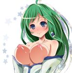  ahoge areolae bad_id bad_pixiv_id bangs bare_shoulders blue_eyes blush body_blush breasts breasts_outside cleavage collarbone detached_sleeves frown green_hair hair_tubes head_tilt kochiya_sanae large_breasts long_hair looking_at_viewer nipples no_bra nose_blush perky_breasts shiny shiny_skin shirt_pull solo star straight_hair touhou upper_body velia wavy_mouth white_background 
