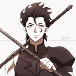  ahoge bad_id bad_pixiv_id brown character_name fate/zero fate_(series) gae_buidhe gae_dearg lancer_(fate/zero) male_focus mole mole_under_eye monochrome polearm smile solo spear tsu weapon white_background 