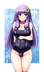  breasts cleavage crescent crescent_hair_ornament hair_ornament ishimiso_(ishimura) large_breasts long_hair one-piece_swimsuit patchouli_knowledge purple_eyes purple_hair school_swimsuit solo swimsuit touhou undersized_clothes 