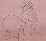  butt female fluff-kevlar hair horn kejta lifting_tail line_art long_hair monochrome nude orb pinup pose raised_tail solo standing whiskers 