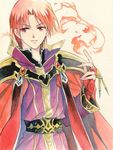 agahari azel_(fire_emblem) cape fingerless_gloves fire fire_emblem fire_emblem:_seisen_no_keifu gloves jewelry male_focus pauldrons red_eyes red_hair ring solo 
