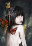  black_hair bug butterfly copyright_request danann hair_ornament insect lips looking_back nude solo yellow_eyes 