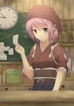  bad_id bad_pixiv_id brown_eyes chalkboard clock head_scarf highres japanese_clothes jar mystia_lorelei natsuki_teru obi okamisty pink_hair sash short_hair smile solo tasuki ticket touhou wings 