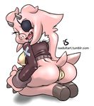  breasts brown_hooves brown_horns clothing eye_patch eyewear fangs female green_eyes horn is is_(artist) jacket lucy_(webcomic) mammal pig porcine pussy solo 