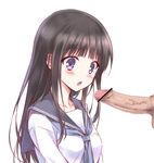  1girl bad_id bad_pixiv_id bar_censor black_hair blush censored chitanda_eru hetero hiten_(hitenkei) hyouka long_hair open_mouth penis penis_awe purple_eyes school_uniform serafuku simple_background solo_focus veins veiny_penis white_background 