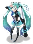  39 aqua_eyes aqua_hair belt bespectacled boots bracelet character_name glasses hatsune_miku jewelry long_hair pen see-through seven_(11) skirt smile solo thigh_boots thighhighs twintails very_long_hair vocaloid 