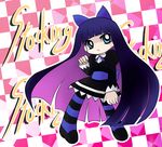  blue_eyes character_name checkered checkered_background long_hair multicolored_hair panty_&amp;_stocking_with_garterbelt stocking_(psg) striped striped_legwear thighhighs two-tone_hair very_long_hair yume_shokunin 