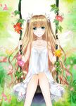  ashi blonde_hair blue_eyes dress flower gradient_hair long_hair multicolored_hair orange_hair original petals plant smile solo swing vines 