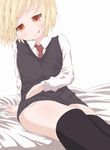  :p arm_support bed black_legwear blonde_hair blush bottomless dress_shirt maromi_gou necktie no_pants red_eyes rumia shirt short_hair sitting smile solo sweater_vest thighhighs tongue tongue_out touhou white_background 